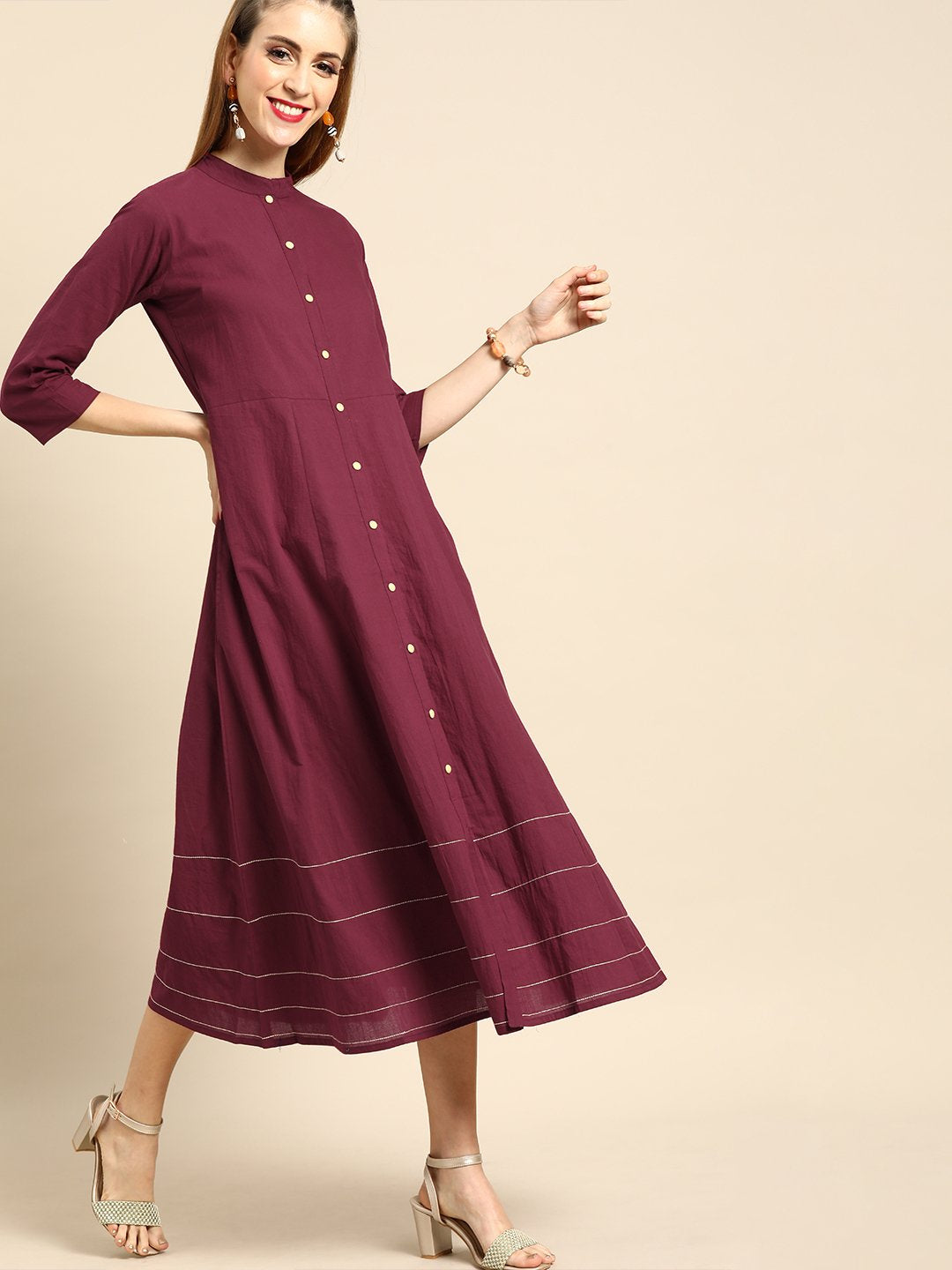 Women Burgundy Solid Solid Mandarin Collar Fit And Flare Dress | LASVINI - Redefining Indian Fashion with Elegance