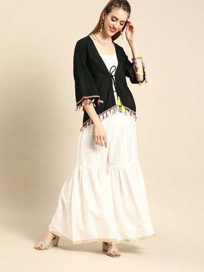 Women Solid Black Shrug With Tassle And Pom Pom Detail | LASVINI - Redefining Indian Fashion with Elegance