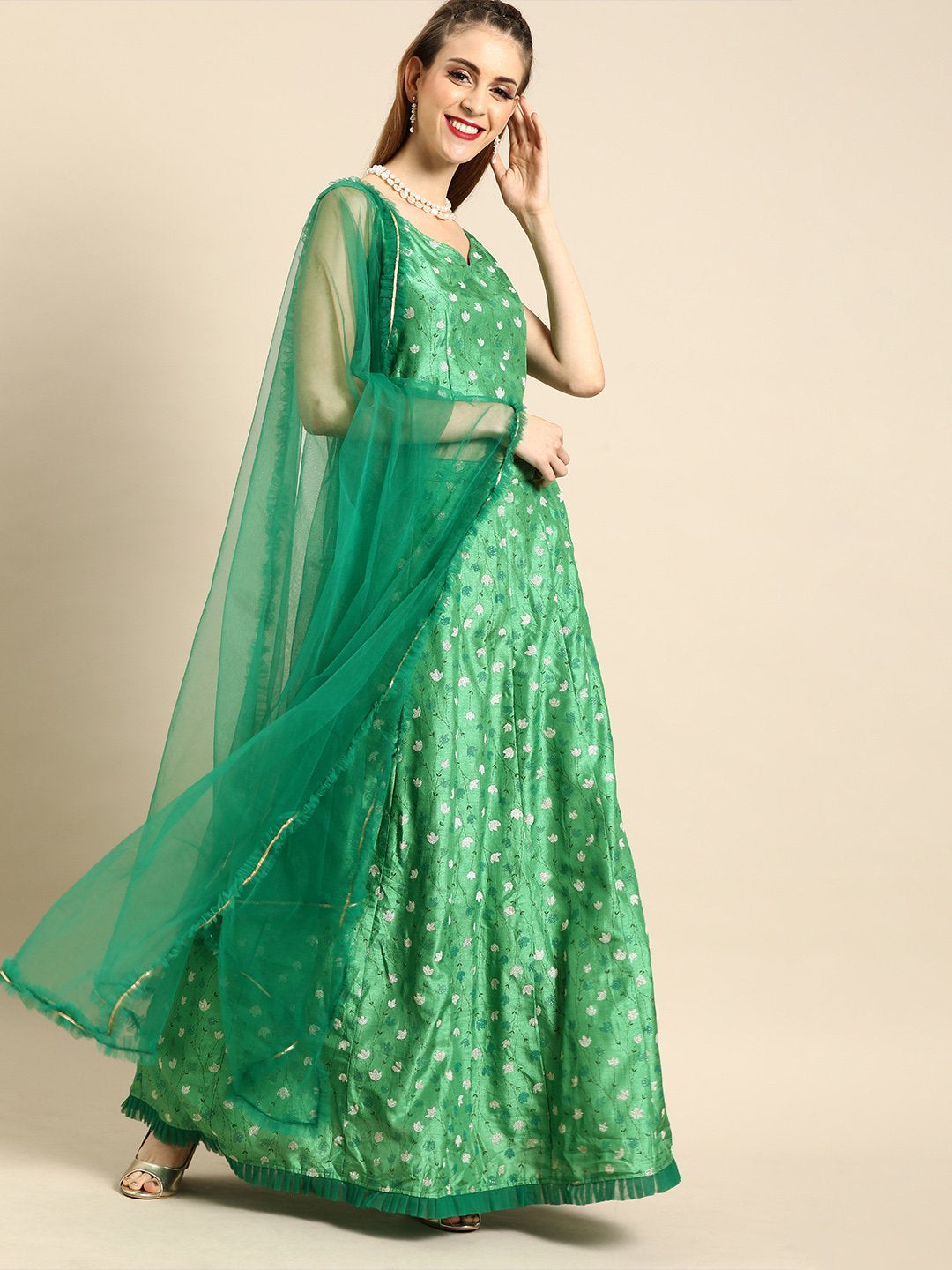 Women Green Printed Dola Silk Lehenga Choli With Dupatta | LASVINI - Redefining Indian Fashion with Elegance