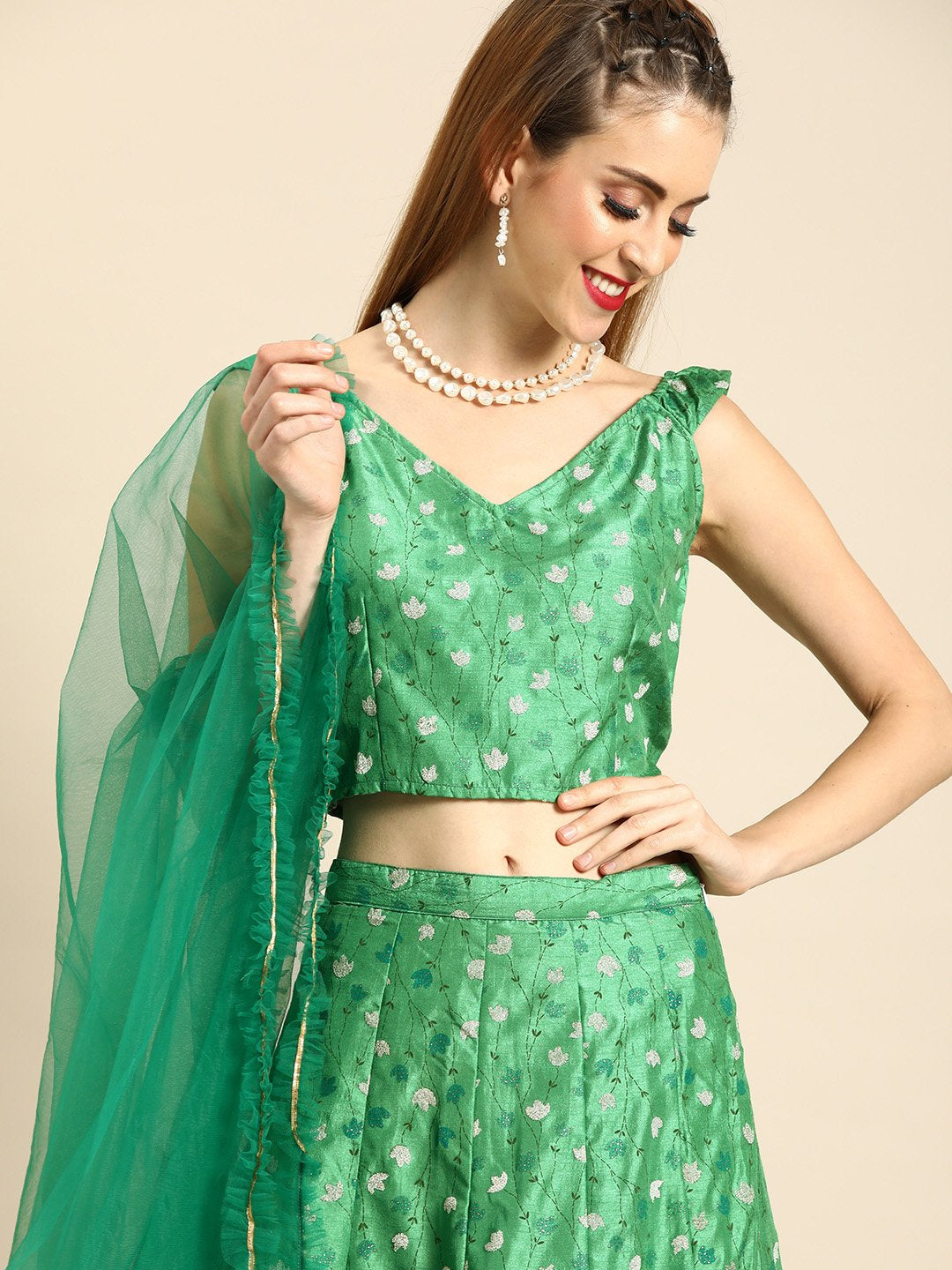 Women Green Printed Dola Silk Lehenga Choli With Dupatta | LASVINI - Redefining Indian Fashion with Elegance