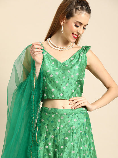 Women Green Printed Dola Silk Lehenga Choli With Dupatta | LASVINI - Redefining Indian Fashion with Elegance