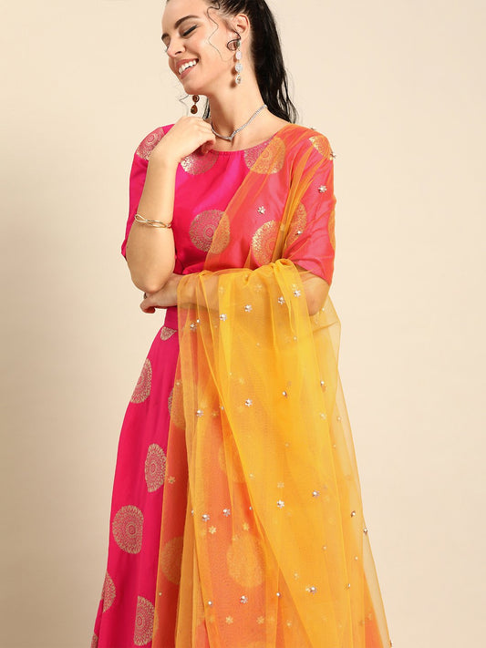 Women Pink Broked Jaqard Lehenga Choli With Dupatta | LASVINI - Redefining Indian Fashion with Elegance