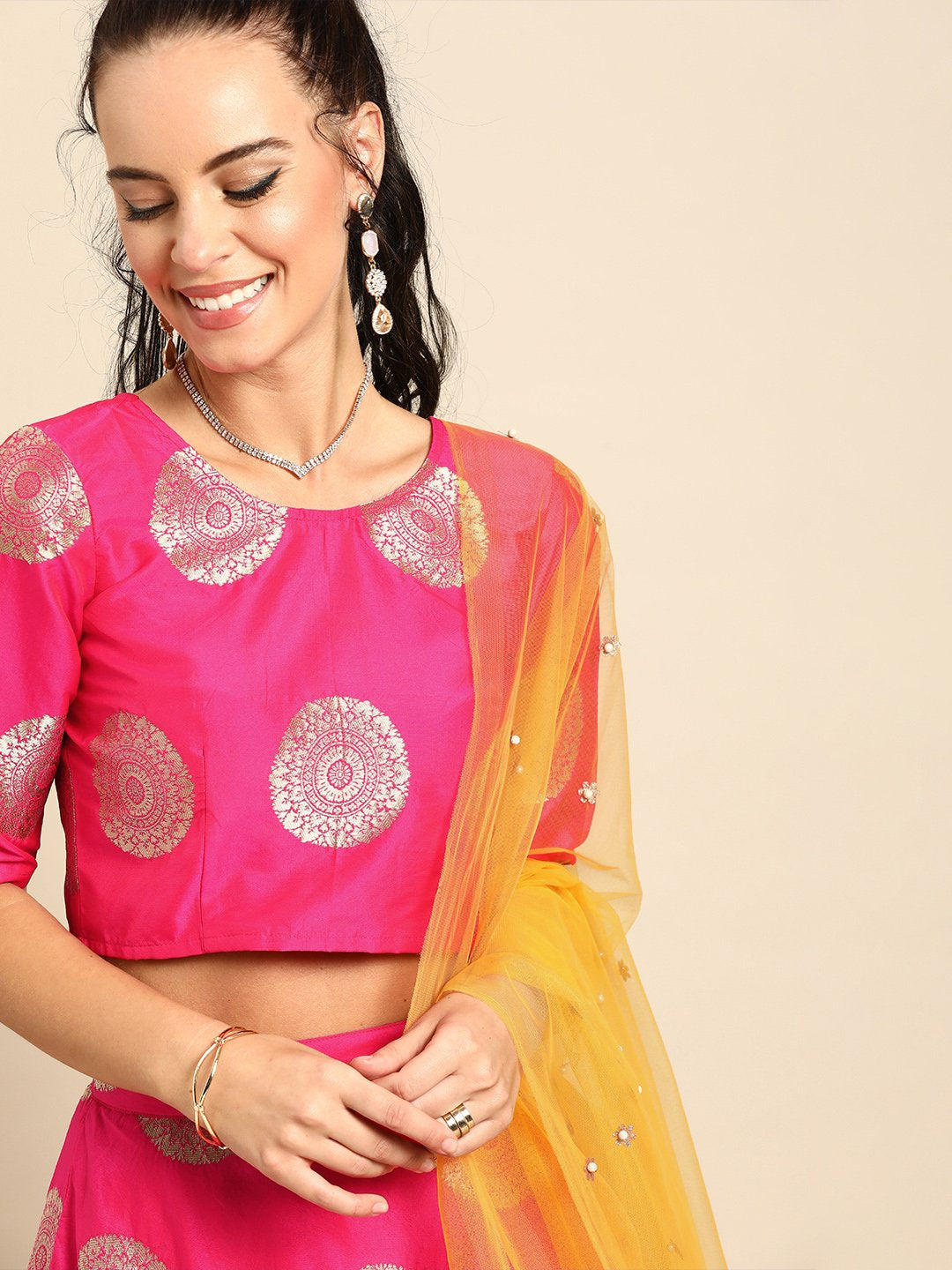 Women Pink Broked Jaqard Lehenga Choli With Dupatta | LASVINI - Redefining Indian Fashion with Elegance