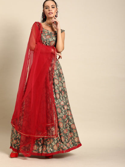 Women Grey Rayon Foil Printed Lehenga Choli With Dupatta | LASVINI - Redefining Indian Fashion with Elegance