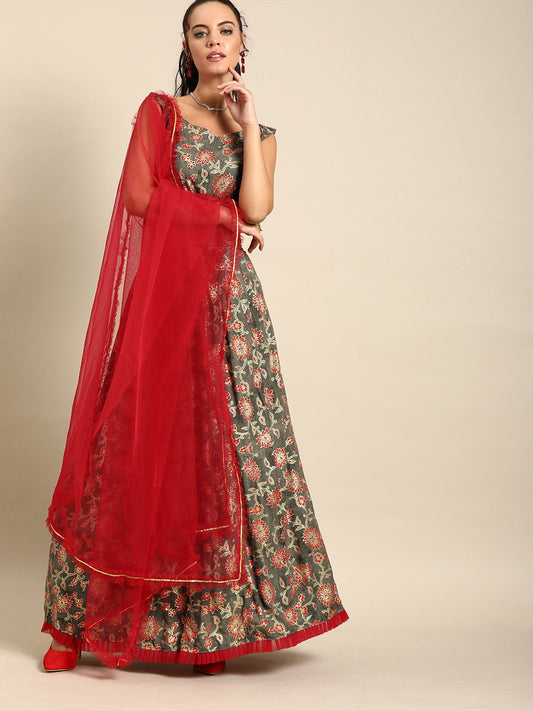 Women Grey Rayon Foil Printed Lehenga Choli With Dupatta | LASVINI - Redefining Indian Fashion with Elegance