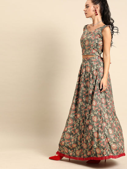 Women Grey Rayon Foil Printed Lehenga Choli With Dupatta | LASVINI - Redefining Indian Fashion with Elegance