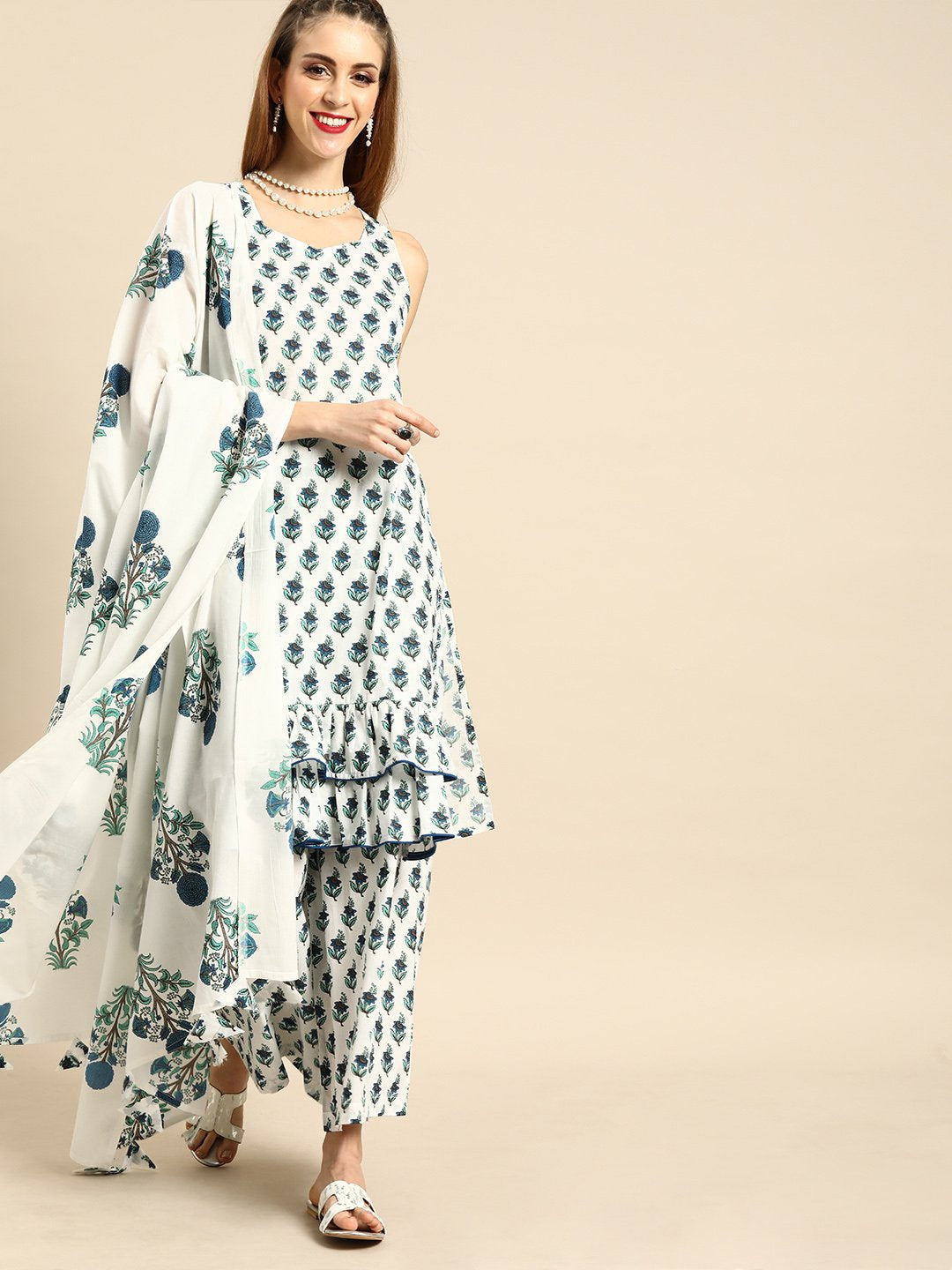 Women White Sleeveless Flared Ruffle Kurta With Palazzo | LASVINI - Redefining Indian Fashion with Elegance