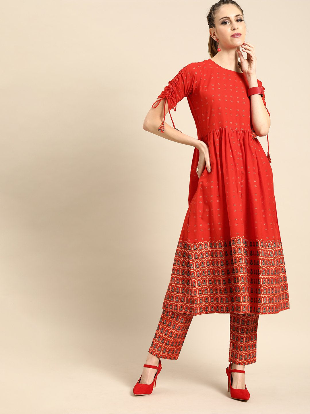 Women Red Short Sleeves Flared Gathered Kurta With Palazzo | LASVINI - Redefining Indian Fashion with Elegance