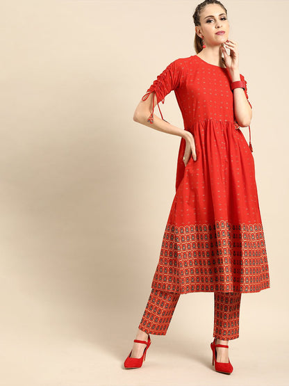 Women Red Short Sleeves Flared Gathered Kurta With Palazzo | LASVINI - Redefining Indian Fashion with Elegance