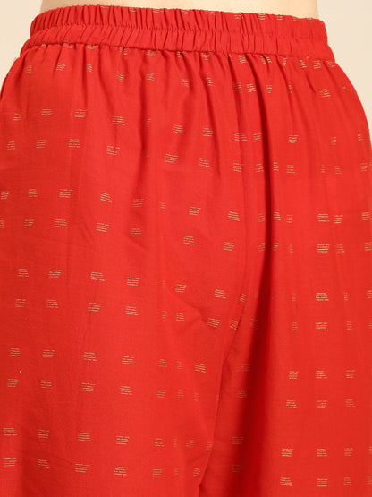 Women Red Short Sleeves Flared Gathered Kurta With Palazzo | LASVINI - Redefining Indian Fashion with Elegance