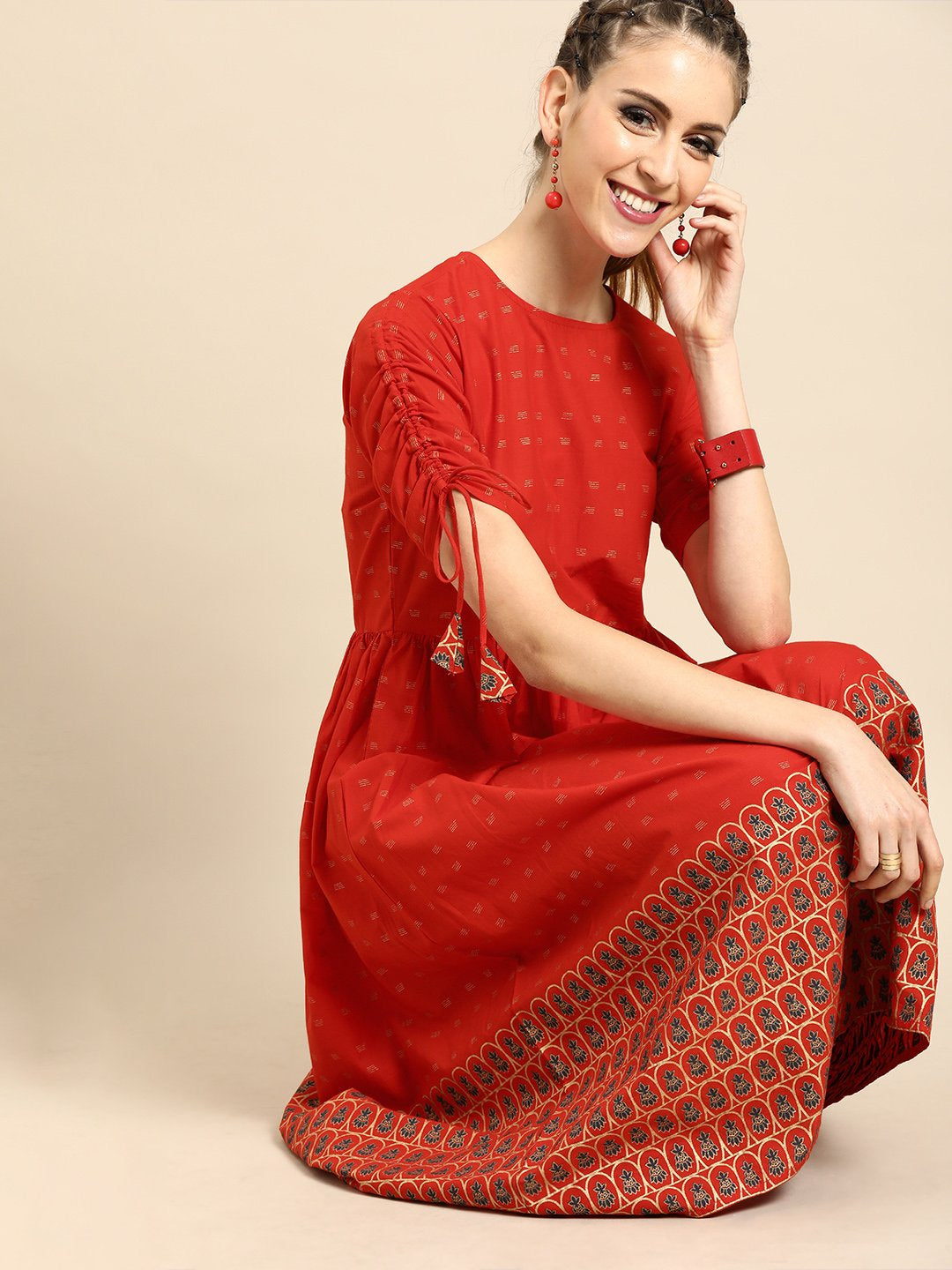 Women Red Short Sleeves Flared Gathered Kurta With Palazzo | LASVINI - Redefining Indian Fashion with Elegance