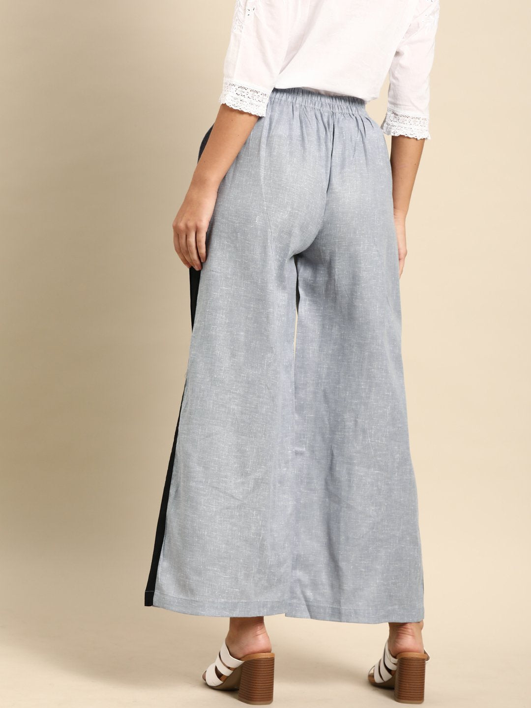 Women Grey  Self Design Cotton Wide Leg Palazzo | LASVINI - Redefining Indian Fashion with Elegance