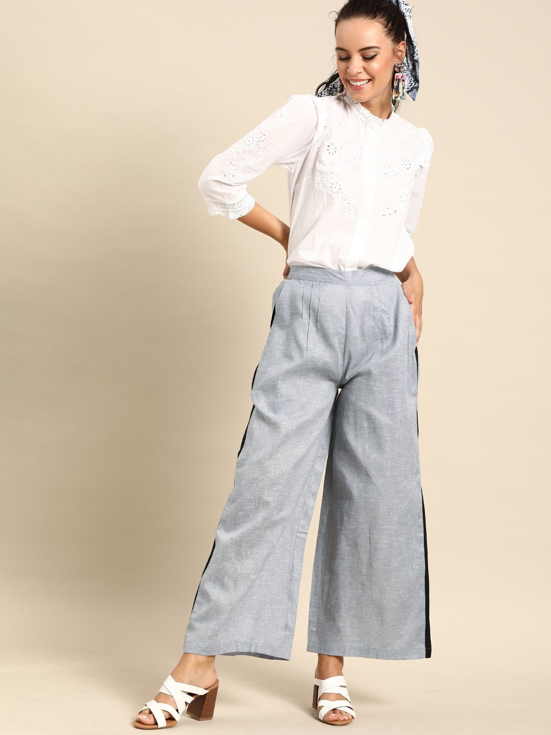 Women Grey  Self Design Cotton Wide Leg Palazzo | LASVINI - Redefining Indian Fashion with Elegance