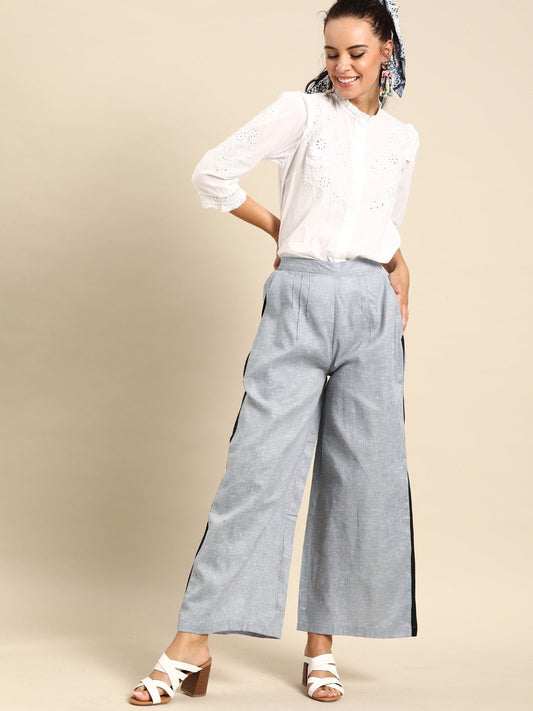 Women Grey  Self Design Cotton Wide Leg Palazzo | LASVINI - Redefining Indian Fashion with Elegance
