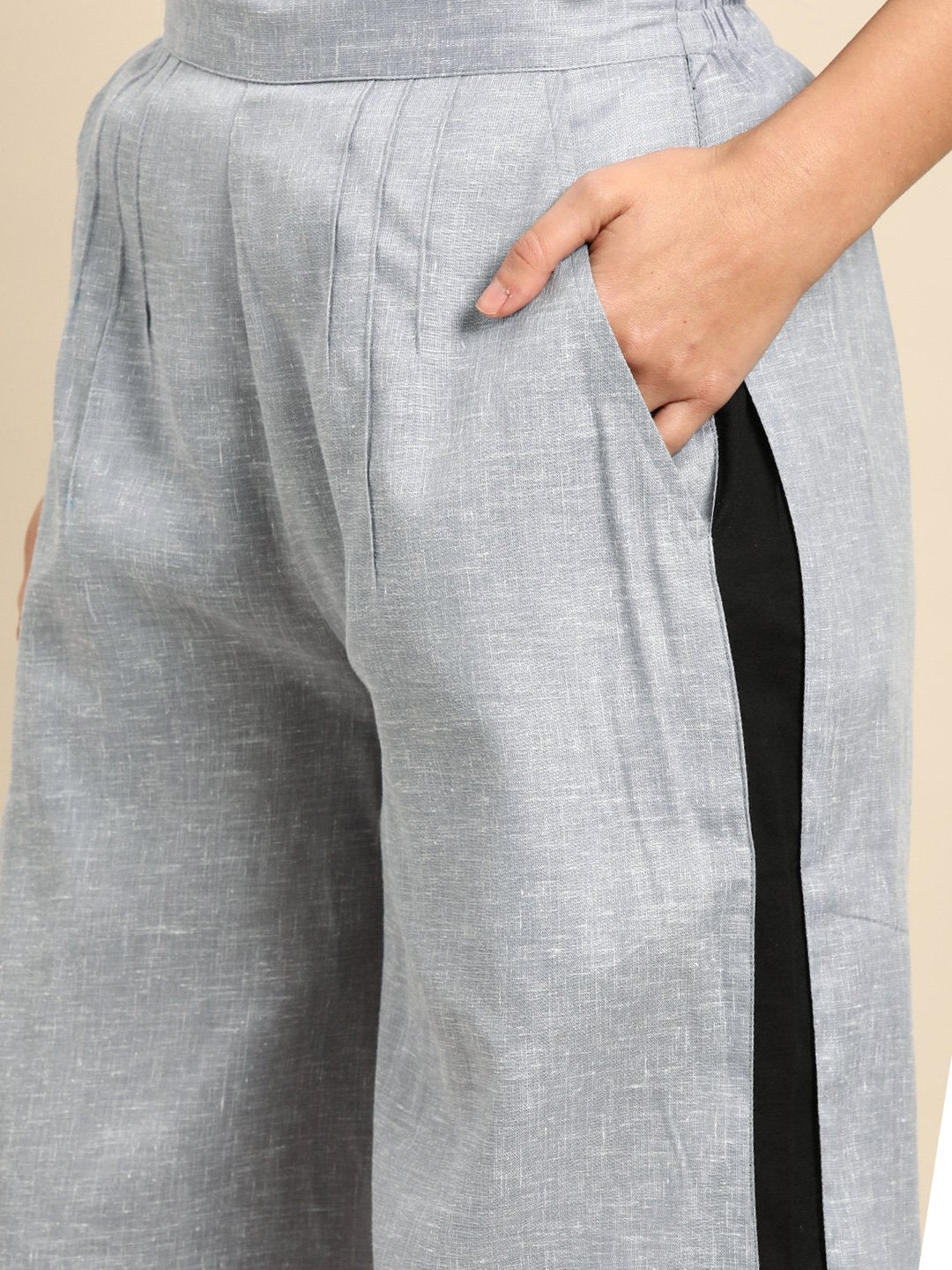 Women Grey  Self Design Cotton Wide Leg Palazzo | LASVINI - Redefining Indian Fashion with Elegance