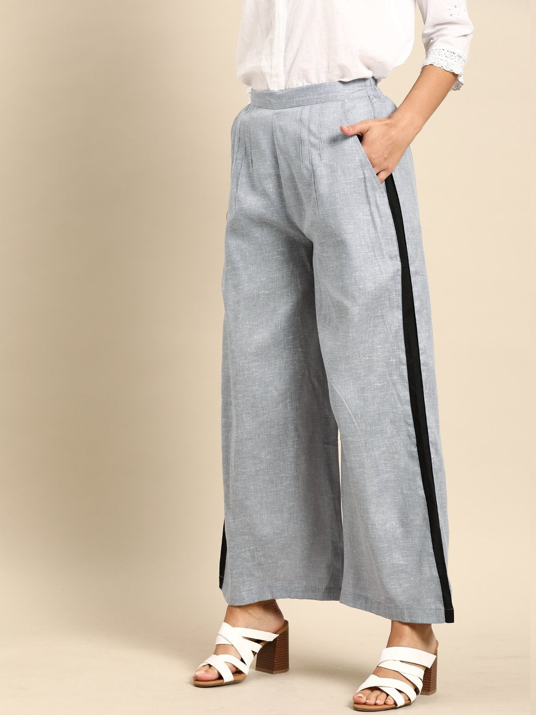 Women Grey  Self Design Cotton Wide Leg Palazzo | LASVINI - Redefining Indian Fashion with Elegance