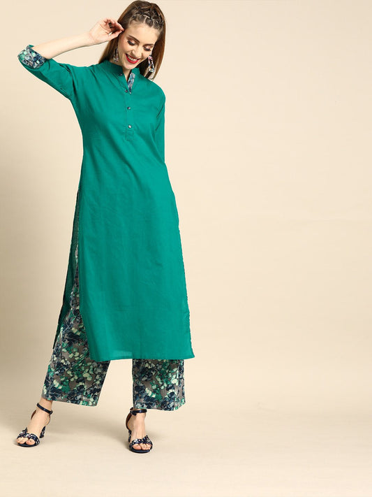 Women Green Three-Quarter Sleeves Straight Straight Kurta With Palazzo | LASVINI - Redefining Indian Fashion with Elegance