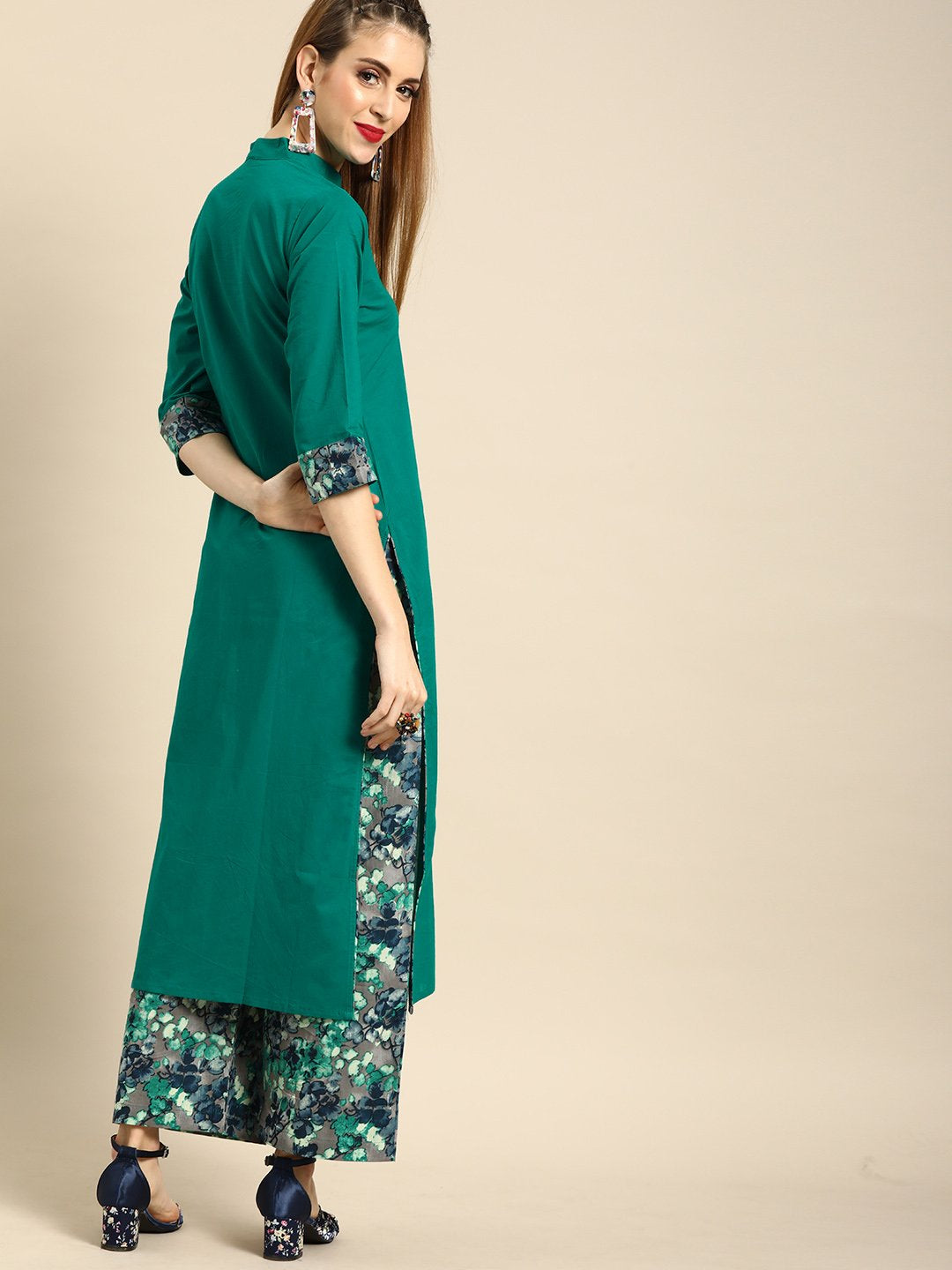 Women Green Three-Quarter Sleeves Straight Straight Kurta With Palazzo | LASVINI - Redefining Indian Fashion with Elegance