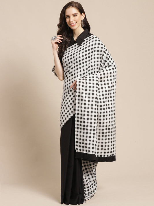 Women Black Checked Saree With 3/4Th Sleeve Blouse | LASVINI - Redefining Indian Fashion with Elegance