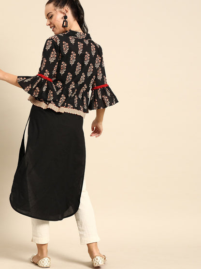 Women Black Calf Length Three-Quarter Sleeves Straight Floral Printed Cotton Kurta With Jacket | LASVINI - Redefining Indian Fashion with Elegance