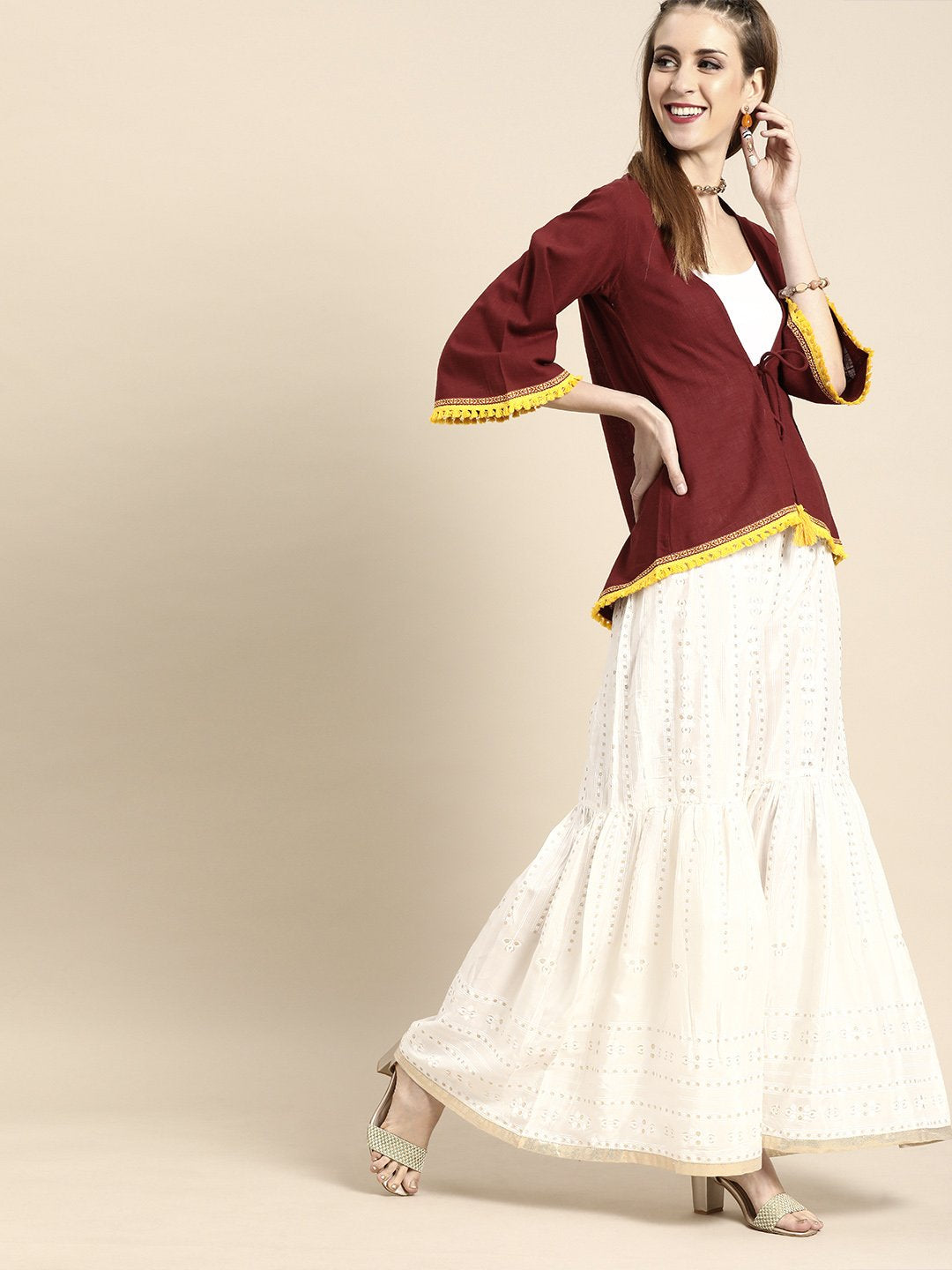 Women Solid Maroon Shrug With Tassle And Lace Detail | LASVINI - Redefining Indian Fashion with Elegance