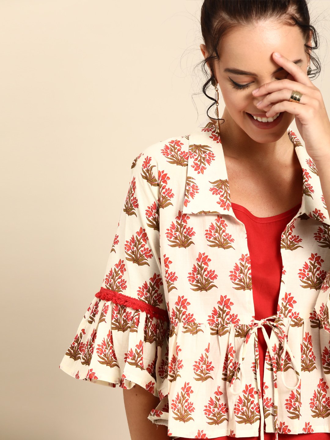 Women Red Calf Length Three-Quarter Sleeves Straight Floral Printed Cotton Kurta With Jacket | LASVINI - Redefining Indian Fashion with Elegance