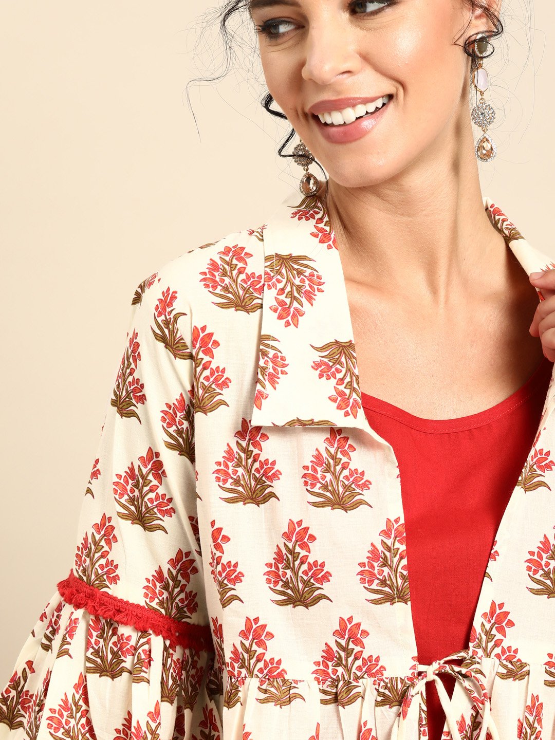Women Red Calf Length Three-Quarter Sleeves Straight Floral Printed Cotton Kurta With Jacket | LASVINI - Redefining Indian Fashion with Elegance
