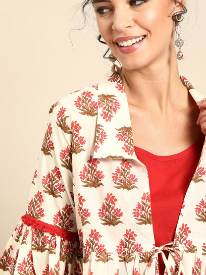 Women Red Calf Length Three-Quarter Sleeves Straight Floral Printed Cotton Kurta With Jacket | LASVINI - Redefining Indian Fashion with Elegance