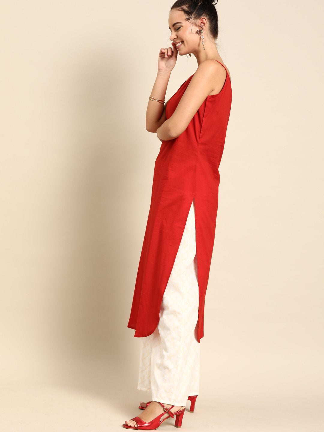 Women Red Calf Length Three-Quarter Sleeves Straight Floral Printed Cotton Kurta With Jacket | LASVINI - Redefining Indian Fashion with Elegance