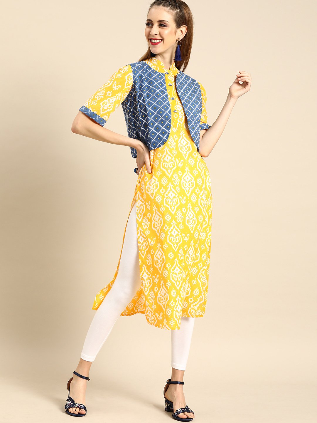 Women Yellow Calf Length Short Sleeves Straight Ethnic Motifs Printed Cotton Kurta With Jacket | LASVINI - Redefining Indian Fashion with Elegance