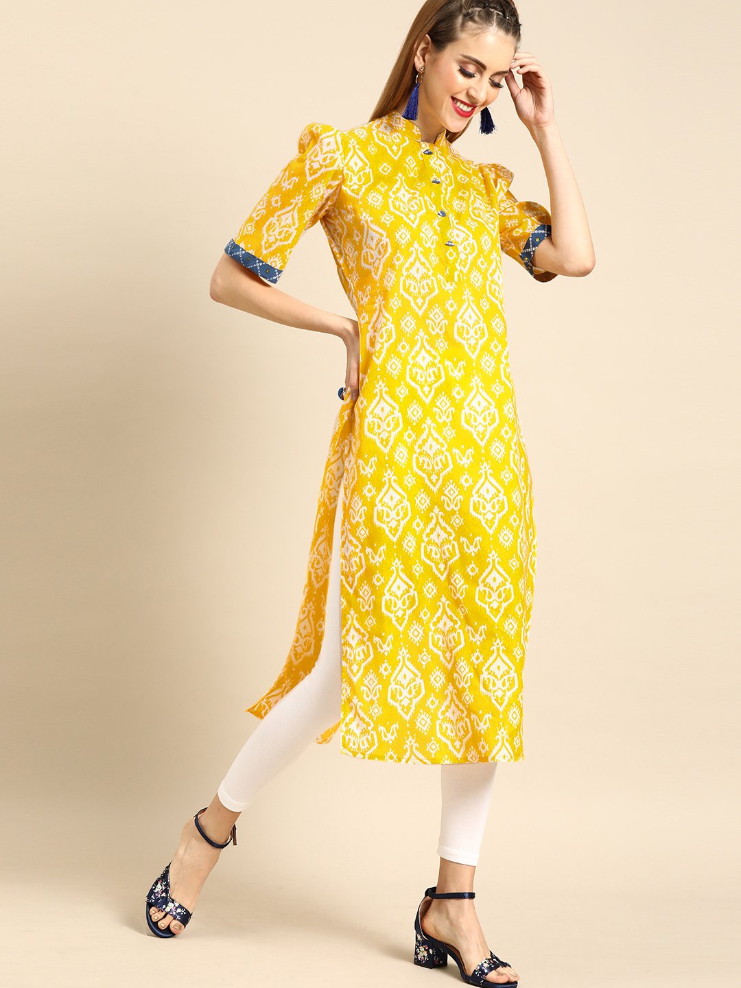 Women Yellow Calf Length Short Sleeves Straight Ethnic Motifs Printed Cotton Kurta With Jacket | LASVINI - Redefining Indian Fashion with Elegance