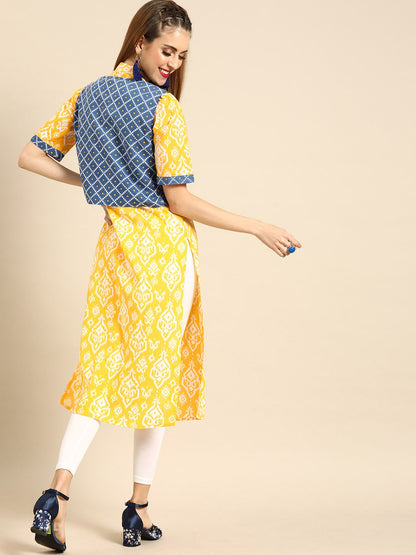 Women Yellow Calf Length Short Sleeves Straight Ethnic Motifs Printed Cotton Kurta With Jacket | LASVINI - Redefining Indian Fashion with Elegance