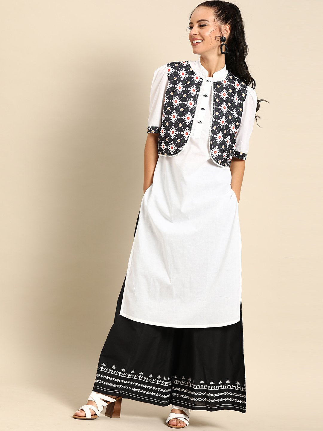Women White Calf Length Short Sleeves Straight Solid Cotton Kurta With Jacket | LASVINI - Redefining Indian Fashion with Elegance