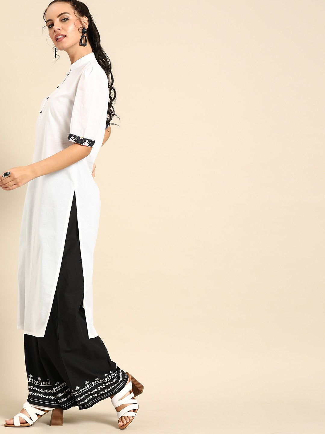 Women White Calf Length Short Sleeves Straight Solid Cotton Kurta With Jacket | LASVINI - Redefining Indian Fashion with Elegance