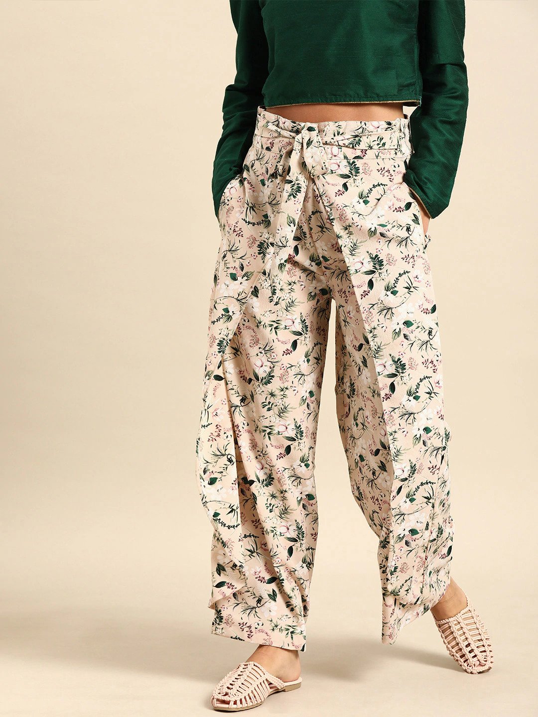 Women Peach-Coloured  Green Printed Wide Leg Palazzos | LASVINI - Redefining Indian Fashion with Elegance