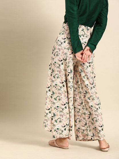 Women Peach-Coloured  Green Printed Wide Leg Palazzos | LASVINI - Redefining Indian Fashion with Elegance