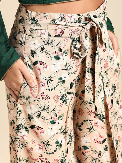 Women Peach-Coloured  Green Printed Wide Leg Palazzos | LASVINI - Redefining Indian Fashion with Elegance