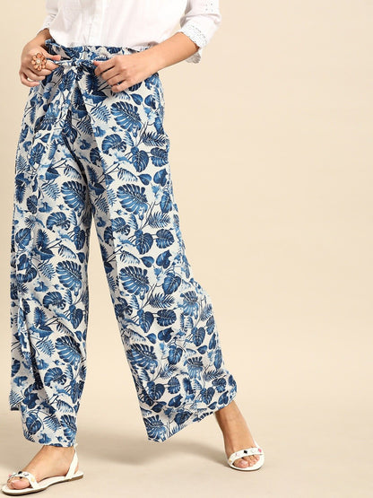 Women Off-White  Blue Printed Wide Leg Palazzos | LASVINI - Redefining Indian Fashion with Elegance