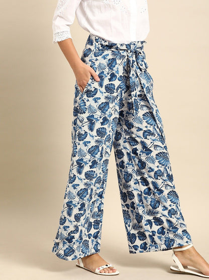 Women Off-White  Blue Printed Wide Leg Palazzos | LASVINI - Redefining Indian Fashion with Elegance