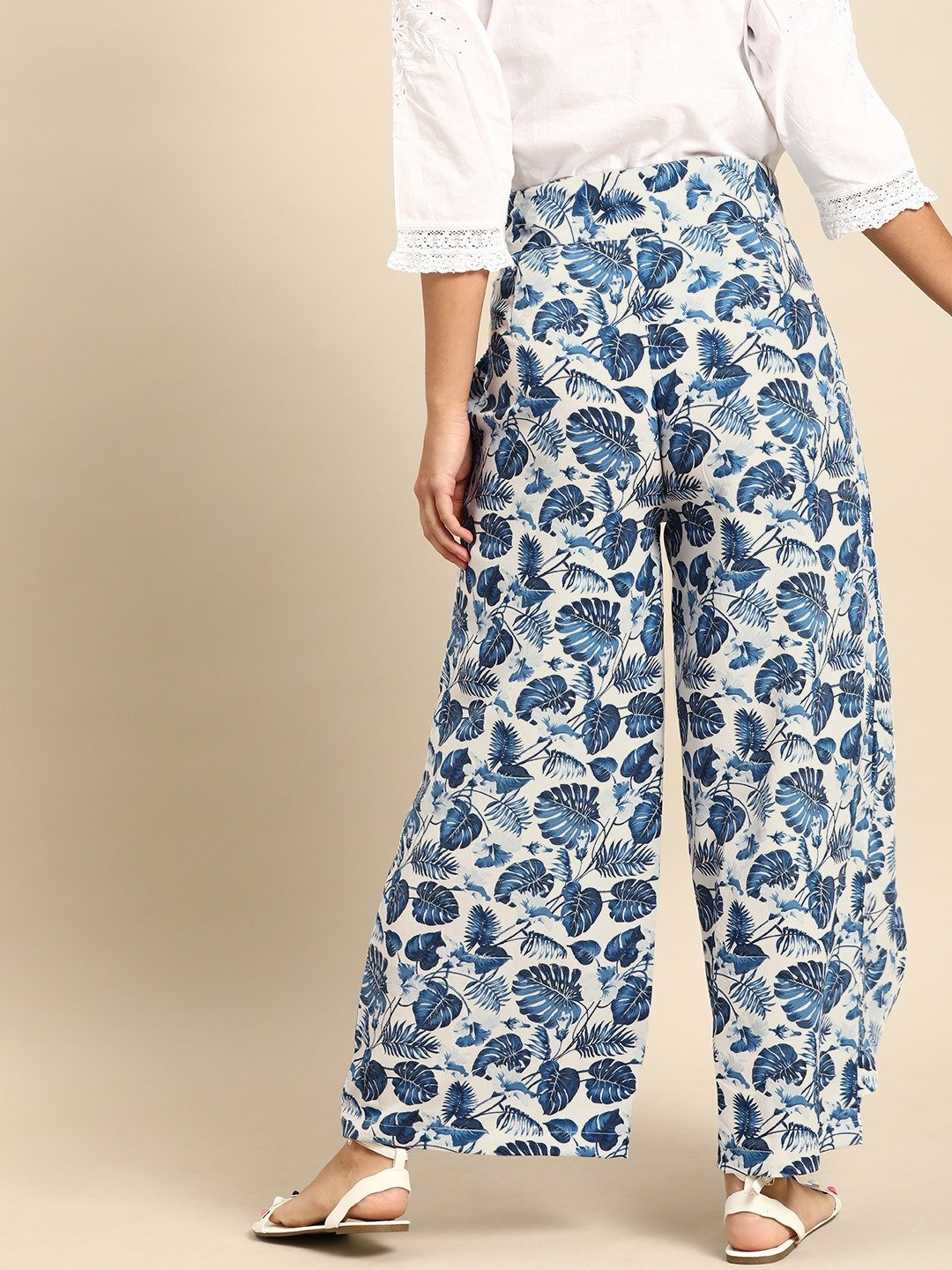Women Off-White  Blue Printed Wide Leg Palazzos | LASVINI - Redefining Indian Fashion with Elegance