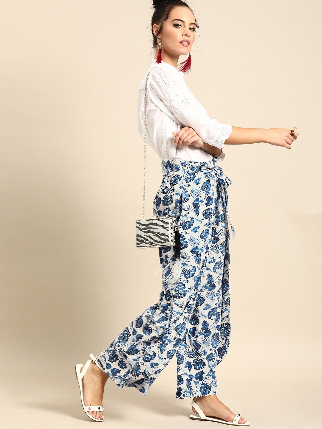 Women Off-White  Blue Printed Wide Leg Palazzos | LASVINI - Redefining Indian Fashion with Elegance