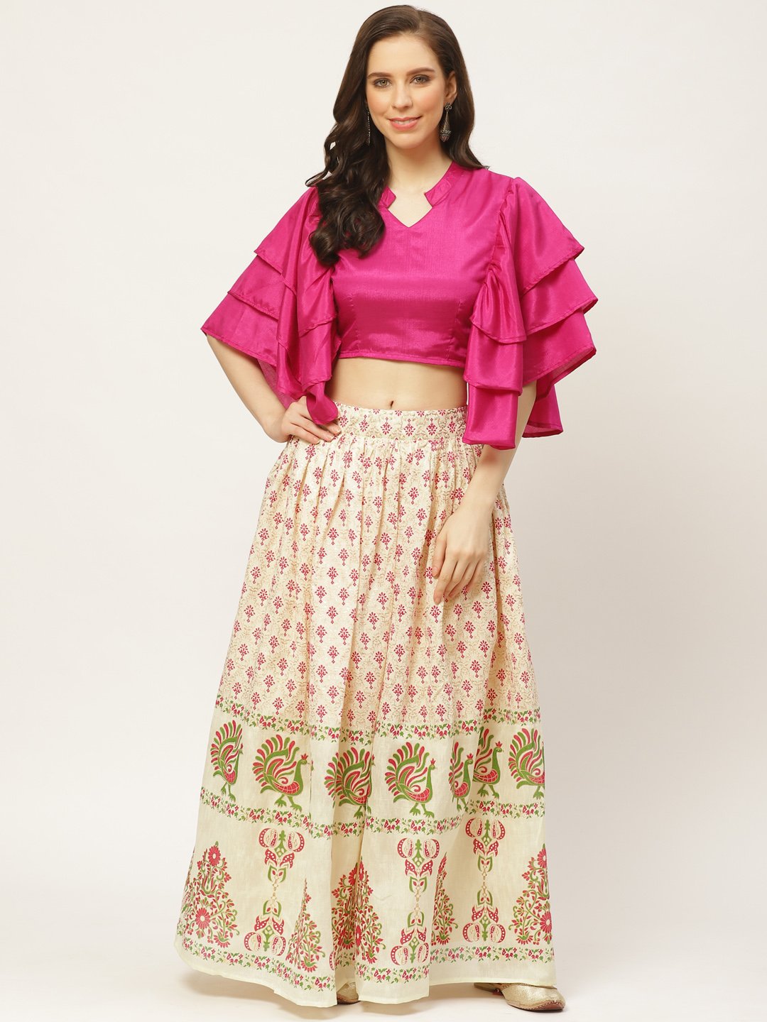 Women Burgundy Silk Blend Mandarin Collar Crop Top With Skirt | LASVINI - Redefining Indian Fashion with Elegance
