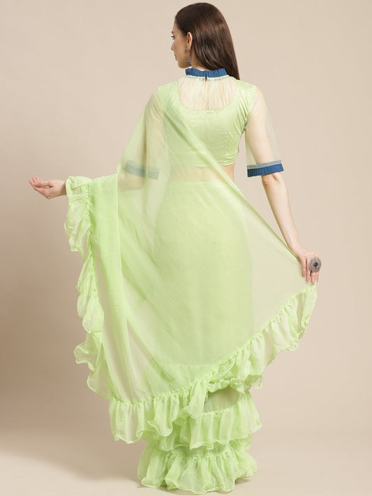 Women Mint Green Ruffled Saree With Ruffled Blouse | LASVINI - Redefining Indian Fashion with Elegance
