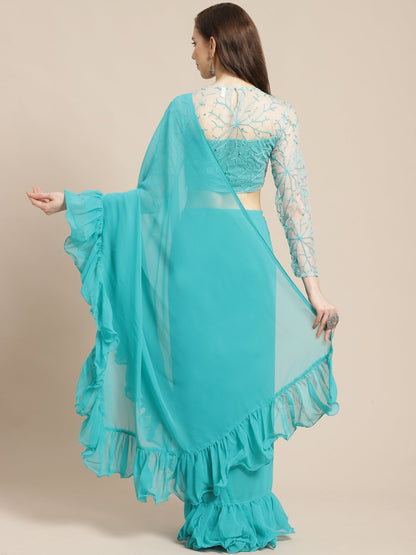 Women Sky Blue Ruffled Saree With Blouse | LASVINI - Redefining Indian Fashion with Elegance