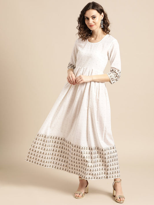Women White Ethnic Motifs Printed Round Neck Cotton A-Line Dress | LASVINI - Redefining Indian Fashion with Elegance