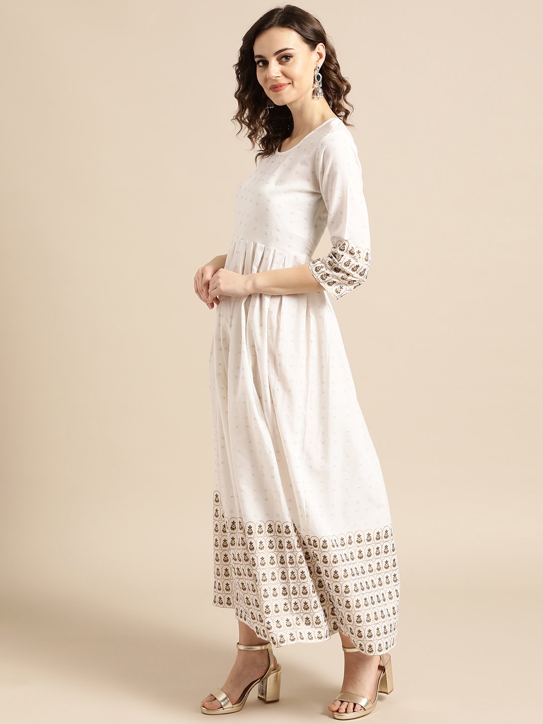 Women White Ethnic Motifs Printed Round Neck Cotton A-Line Dress | LASVINI - Redefining Indian Fashion with Elegance