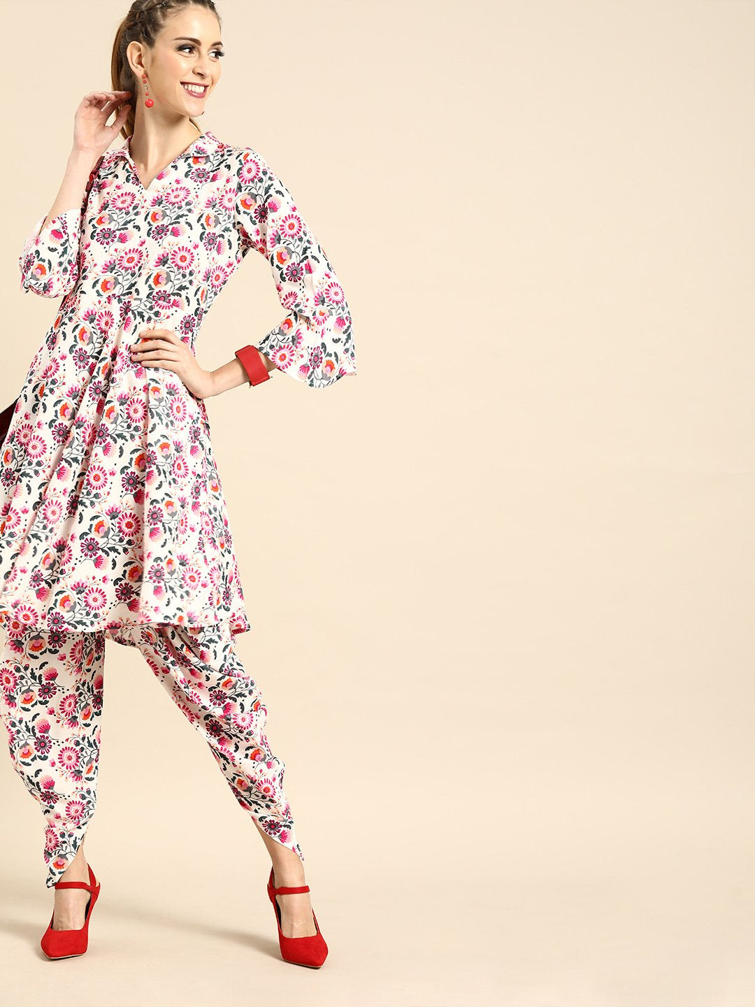 Women White Three-Quarter Sleeves Flared Kurta Set | LASVINI - Redefining Indian Fashion with Elegance