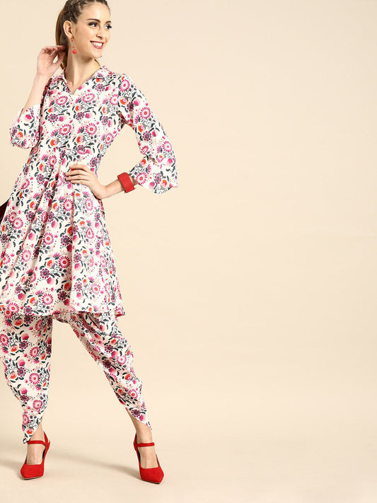 Women White Three-Quarter Sleeves Flared Kurta Set | LASVINI - Redefining Indian Fashion with Elegance