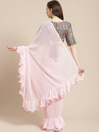 Women Pink Ruffle Saree With Semi Stiched Blouse | LASVINI - Redefining Indian Fashion with Elegance