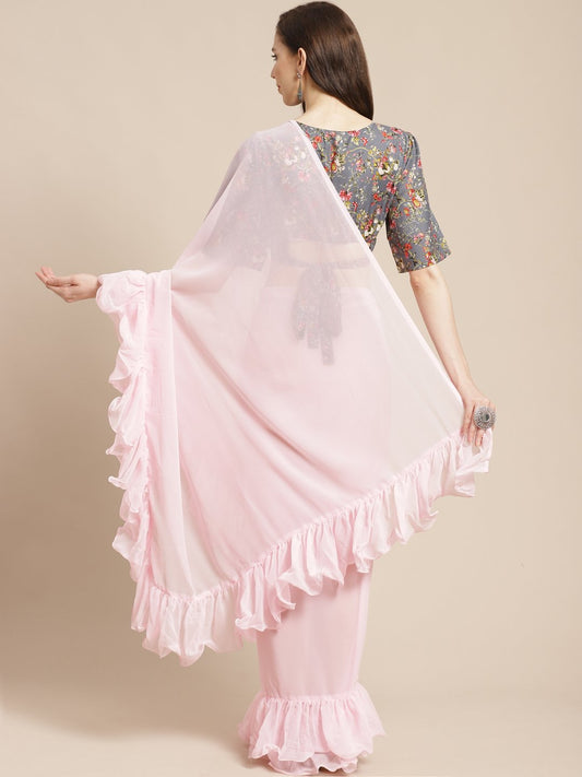 Women Pink Ruffle Saree With Semi Stiched Blouse | LASVINI - Redefining Indian Fashion with Elegance